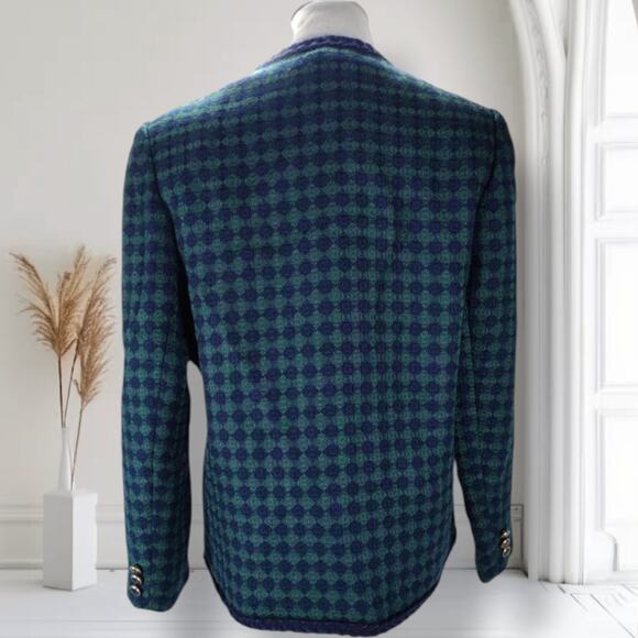 Vintage 90s Bleyle Wool Tweed Jacket 12 Green Blue Diamond Print Collared Blazer - Picture 3 of 9